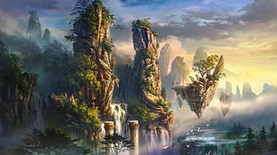 mountains and waterfall illustration, fantasy art