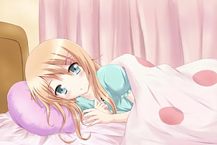 female anime character laying on a bed illustration