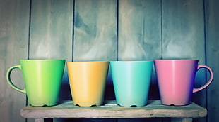 four ceramic mugs, mugs, colorful HD wallpaper