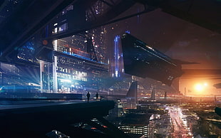 black spaceship digital wallpaper, futuristic city, lights, space, futuristic