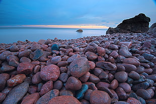 pile of brown stone on the seashore