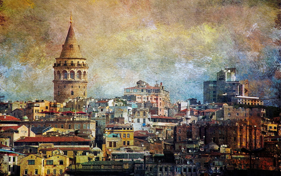 painting of Galata tower, Istanbul, Turkey, galata, Galata Kulesi HD wallpaper