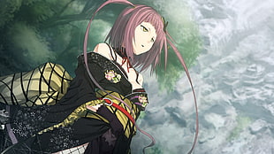 red haired female character anime wearing black off-shoulder dress