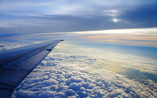 aerial view of airplane wing above clouds