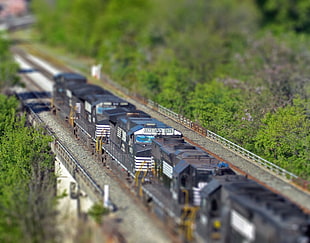 selective focus photography of train surrounded by trees