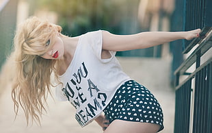 women's white boat-neck cap-sleeved crop top and black and white heart print short shorts, blonde, women