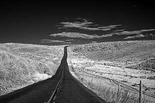greyscale photo of highway road, road