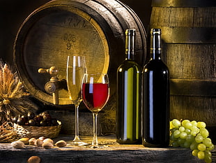 brown wine bottles with long-stem wine glass beside barrel dispenserspainting