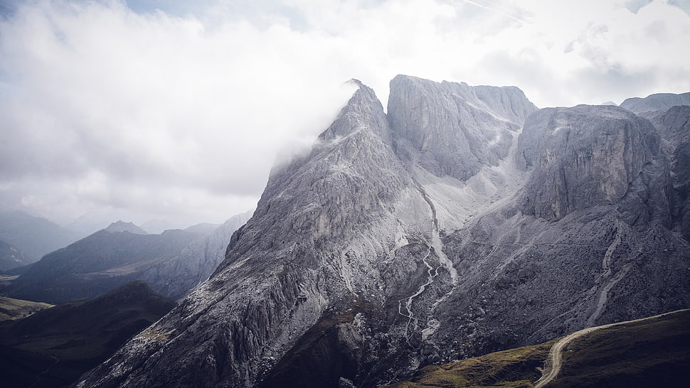 gray mountain, forest, trees, nature HD wallpaper