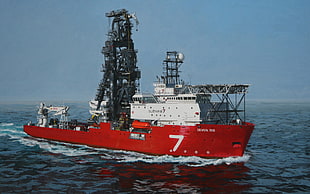 red and white ship, sea, ship, vehicle