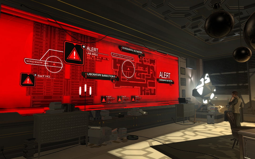 male character in front of monitor screenshot, video games, screen shot, Deus Ex, Computer screen HD wallpaper