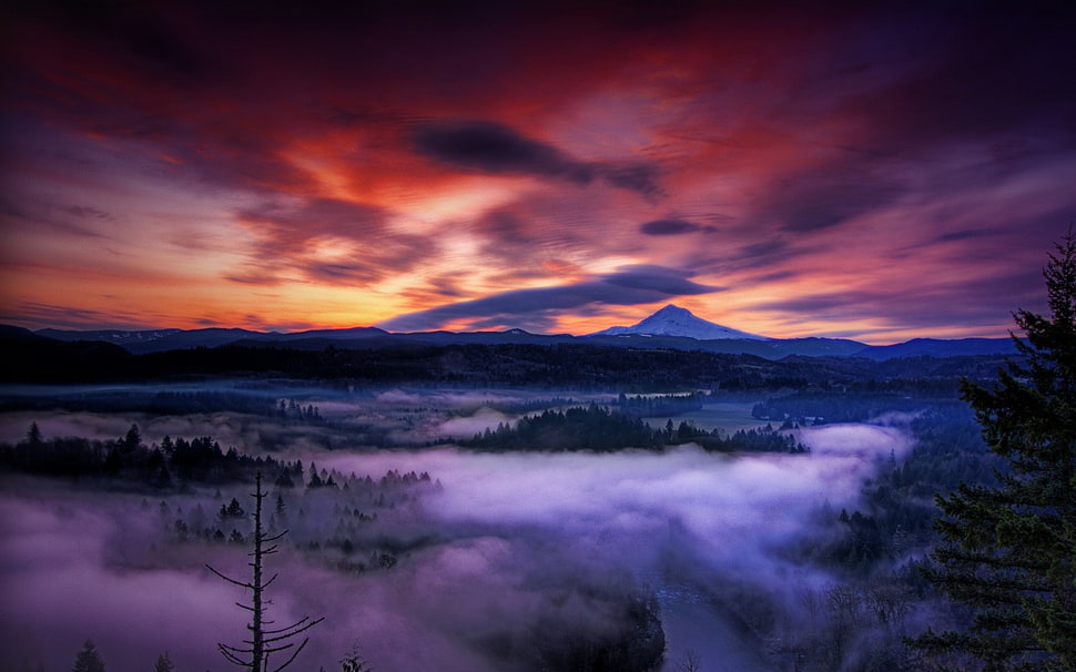 gray mountain under sunset, nature, landscape, sunset, mist HD wallpaper