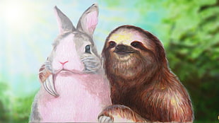 sloth and rabbit painting, humor, sloths, rabbits HD wallpaper