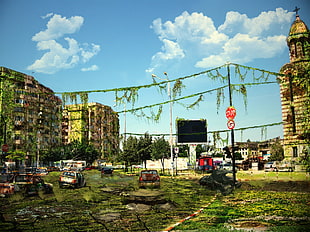 brown concrete building, apocalyptic, futuristic, artwork, ruin