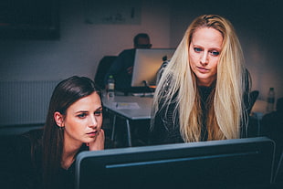 two women looking at flat screen monitor inside office HD wallpaper