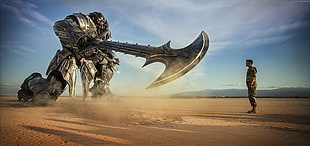 man in camouflage suit standing in front of robot HD wallpaper