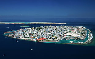 aerial photo buildings, sea, island, landscape