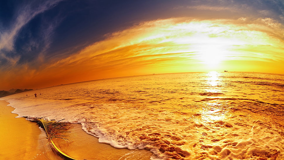 yellow sea, sea, sunset, sky, beach HD wallpaper