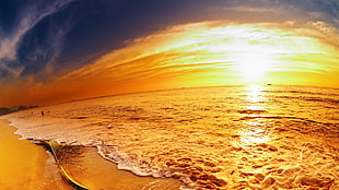 yellow sea, sea, sunset, sky, beach HD wallpaper