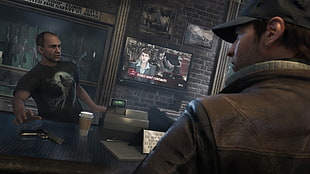brown wooden framed glass panel display cabinet, Watch_Dogs, people HD wallpaper