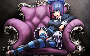 female anime character with blue and pink hair sitting on purple sofa 3D wallpaper