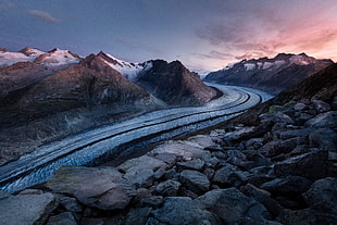 brown mountains, Road, Turn, Stones