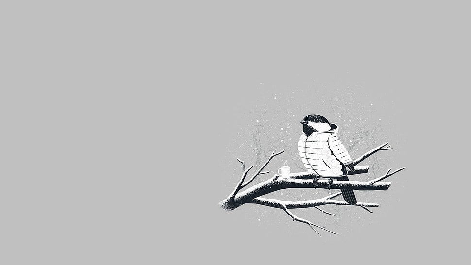 black and white bird on tree trunk painting, birds, jacket, minimalism, animals HD wallpaper