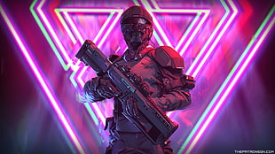 Halo character, neon, weapon, soldier, futuristic