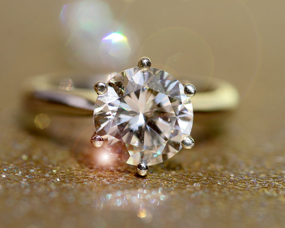 shallow photography of silver with diamond stud ring HD wallpaper