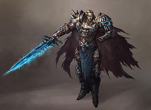 Knight holding a blue sword illustration HD wallpaper