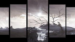 black bare tree near stream 5-panel painting, concept art HD wallpaper