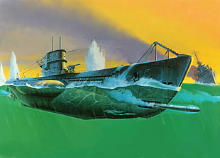 gray battleship, military, submarine, artwork, split view