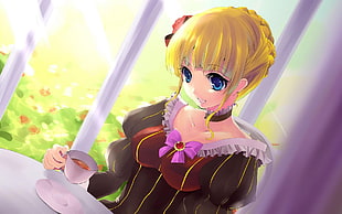 female anime character with yellow hair holding mug HD wallpaper