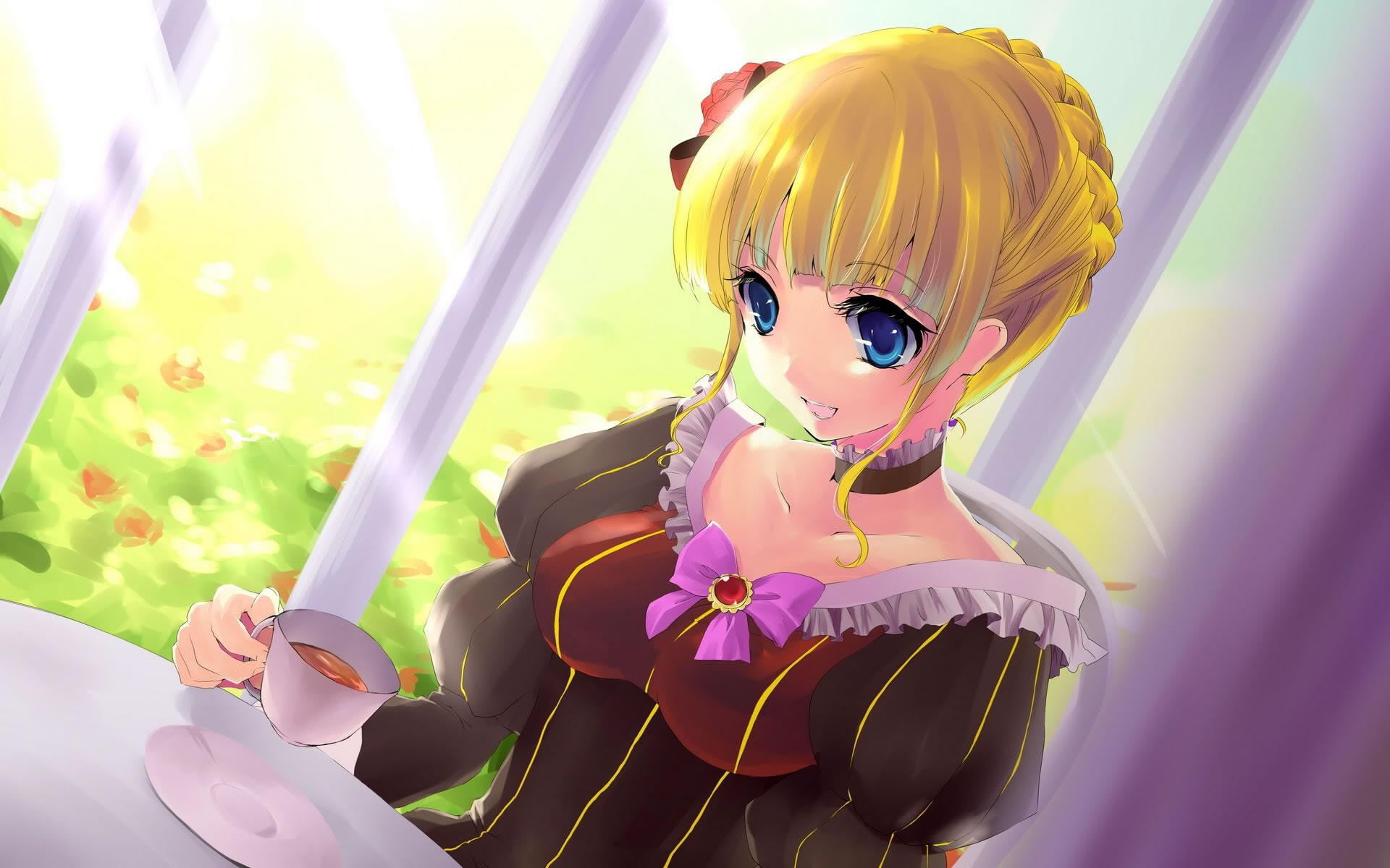 female anime character with yellow hair holding mug