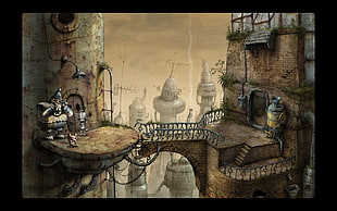 painting of scarp metal buildings, Steam (software), video games, Machinarium, bridge