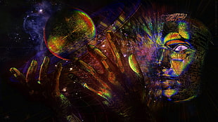 man holding planet painting, psychedelic, circuits, space, hands