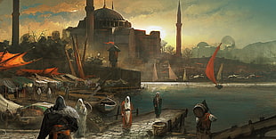 people standing near body of water digital wallpaper, Assassin's Creed: Revelations, Assassin's Creed, video games, mosque