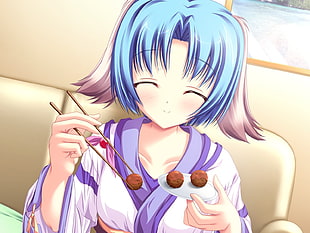 blue and pink haired female anime character holding chopstick with meatballs
