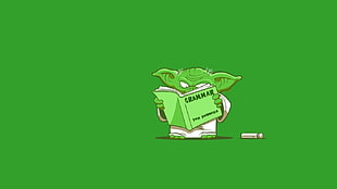 Master Yoda reading grammar book illustration, humor, Star Wars, Yoda, green