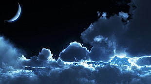 clouds and moon, Moon, night, sky, clouds