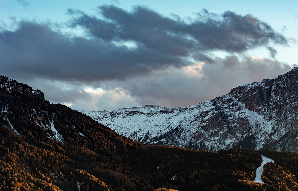 snowconed mountain and blue sky, snow, sky, trees, clouds HD wallpaper