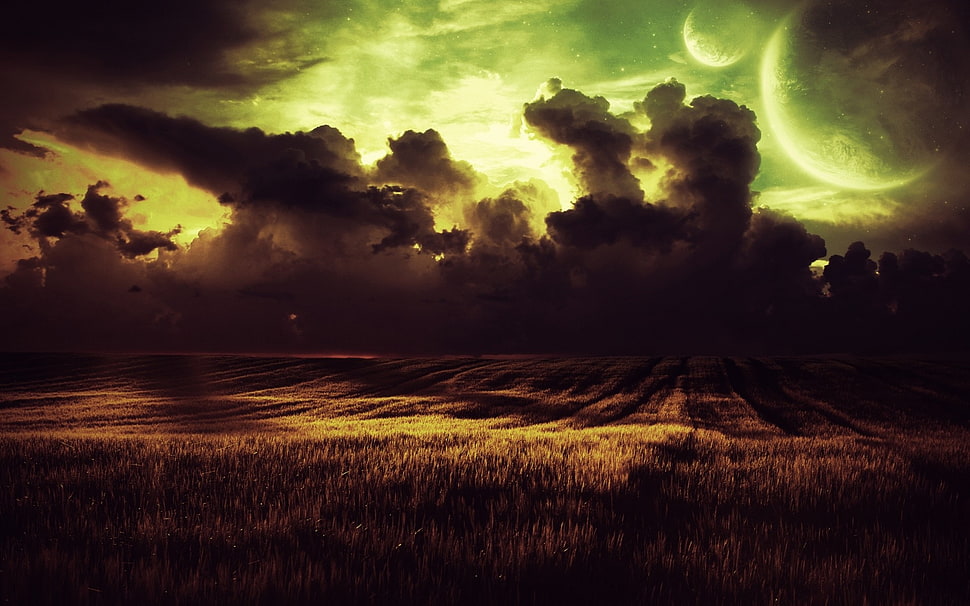 gray clouds wallpaper, field, clouds, Moon, digital art HD wallpaper
