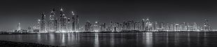 gray scale photography of high-rise building near body of water HD wallpaper
