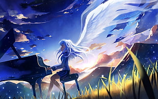 animated girl angel playing piano HD wallpaper