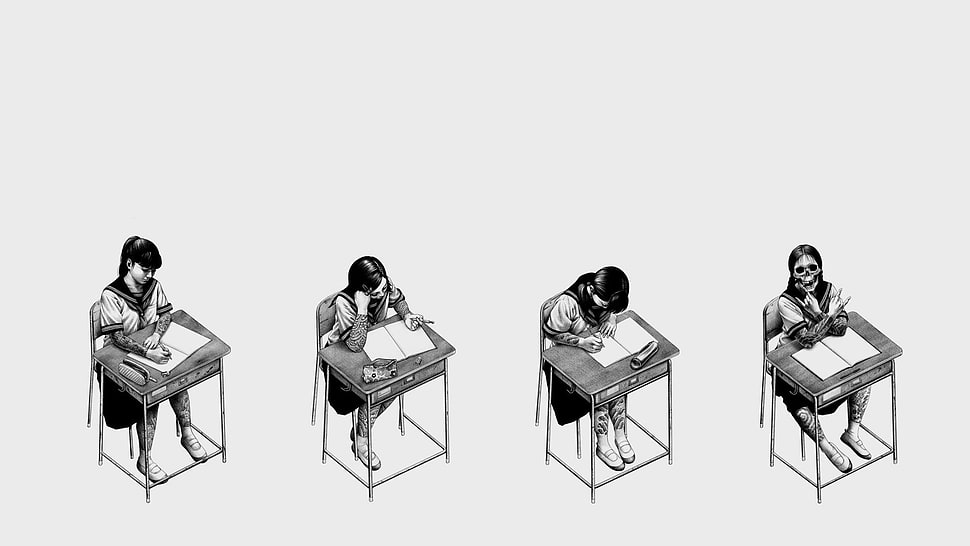 two black and white metal chairs, school HD wallpaper