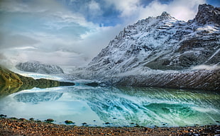 landscape reflection photography of snowy mountain and river