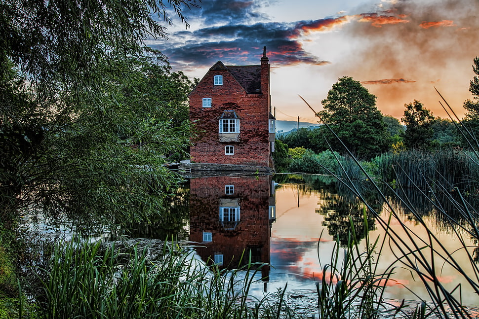 parabolic photography of brown house, house, landscape, building, reflection HD wallpaper