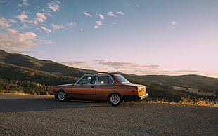 photograph of brown sedan on a golden hour setting