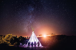 white teepee tent, André Josselin, holding hands, tent, night sky HD wallpaper