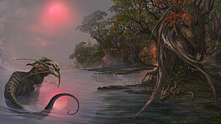 black creature on body of water near trees painting, artwork, concept art, fantasy art, creature